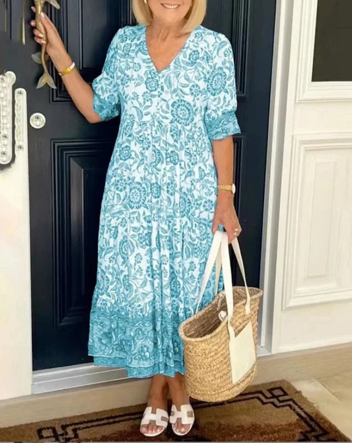 Variant image for Robe Longue Fleurie Femme Col en V – Robe Maxi d'Été Élégante et Confortable pour le Printemps-9