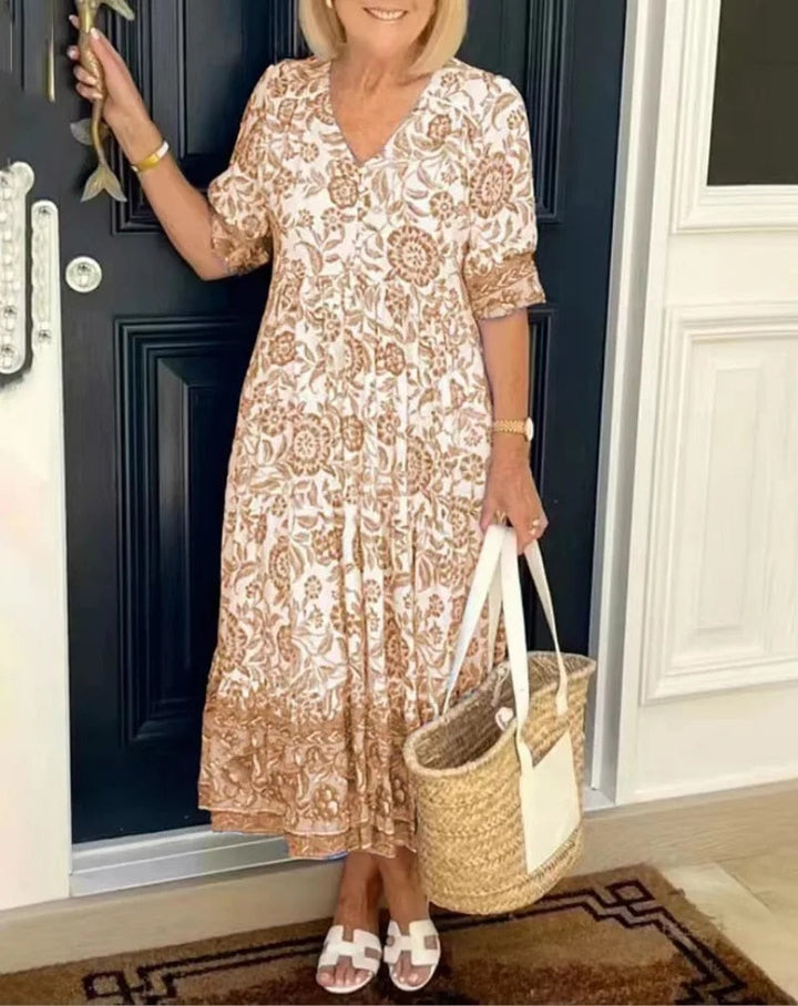 Variant image for Robe Longue Fleurie Femme Col en V – Robe Maxi d'Été Élégante et Confortable pour le Printemps-33